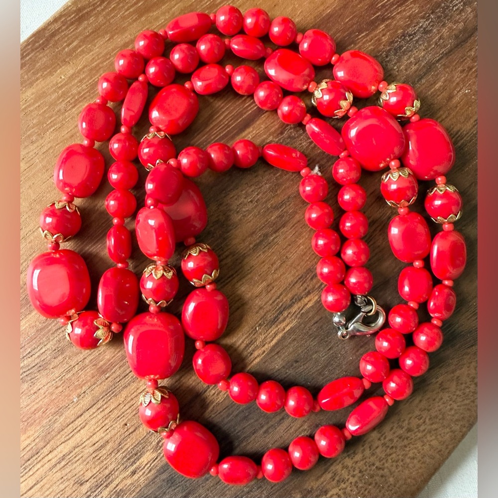 Glass Red Beaded Necklace Fold Tone Long 36”